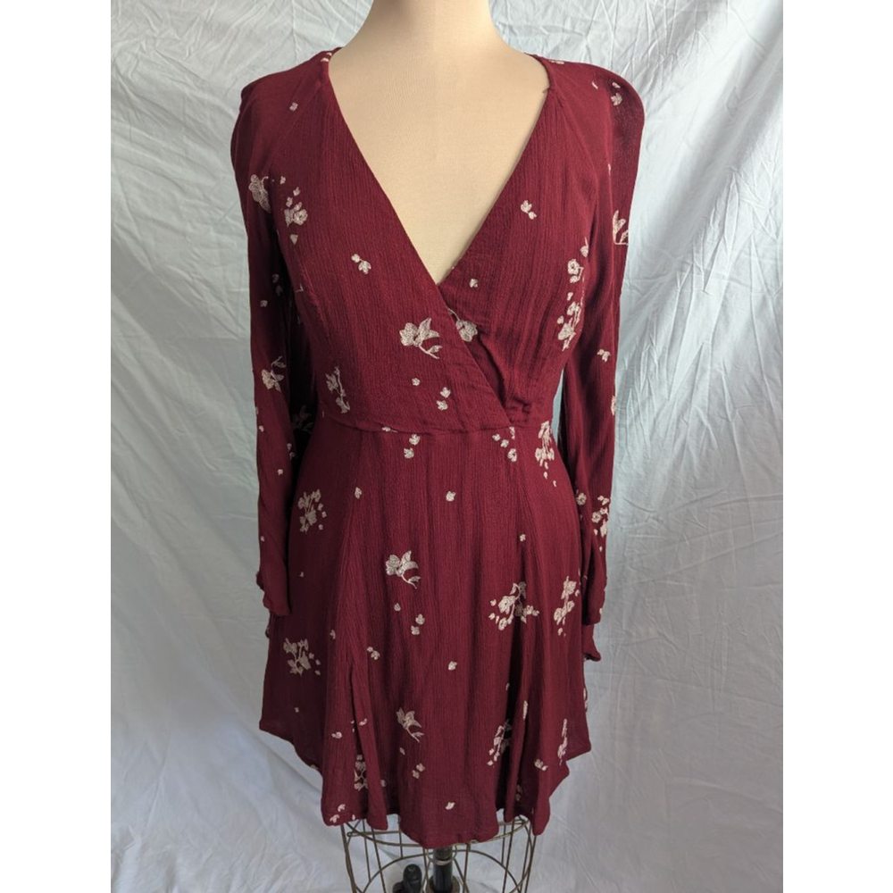 Free People Burgundy Floral Embroidered Bell‎ Sleeve Faux Wrap Mini Dress Size S